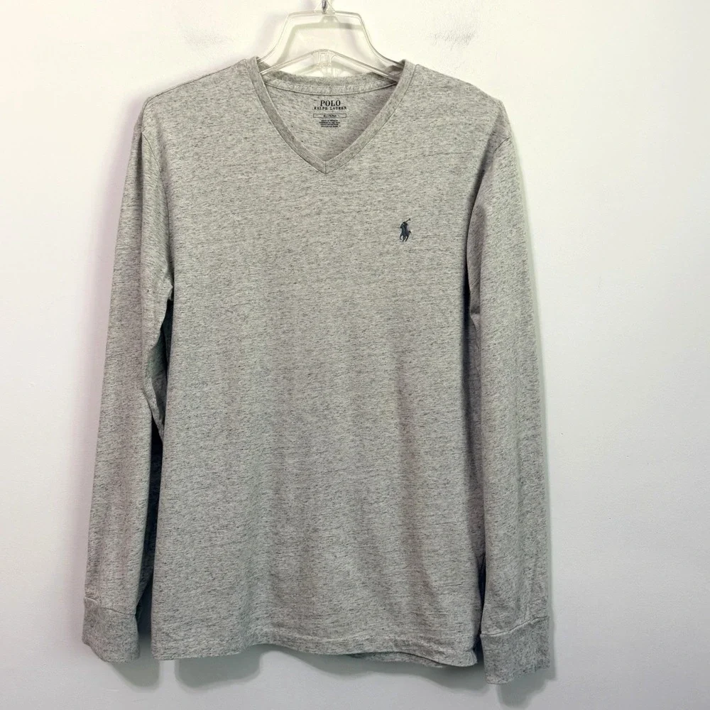 Polo‎ Ralph Lauren V Neck Tee M Mens Soft Heathered Gray Long Sleeve Pullover